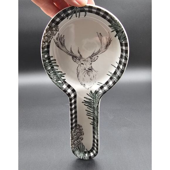 Robert Stanley Spoon Rest Ceramic Moose Pinecone Lodge Kitchen Black White - Picture 1 of 6